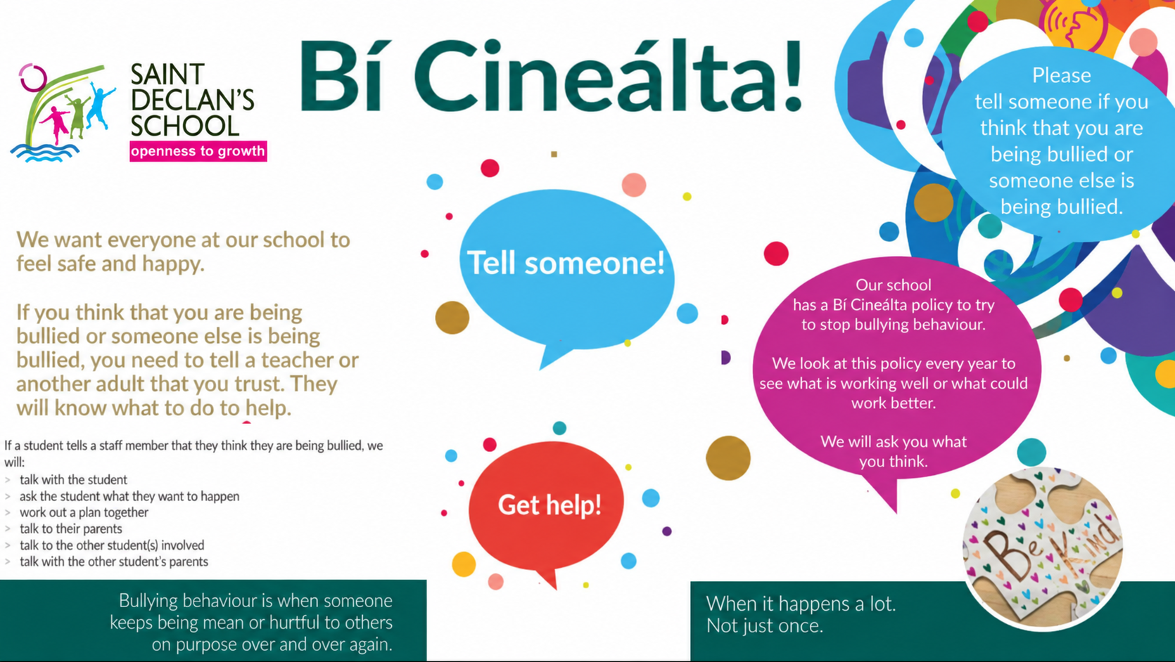 St. Declan’s Bí Cineálta poster: be kind, tell someone and get help if you or someone else is being bullied.